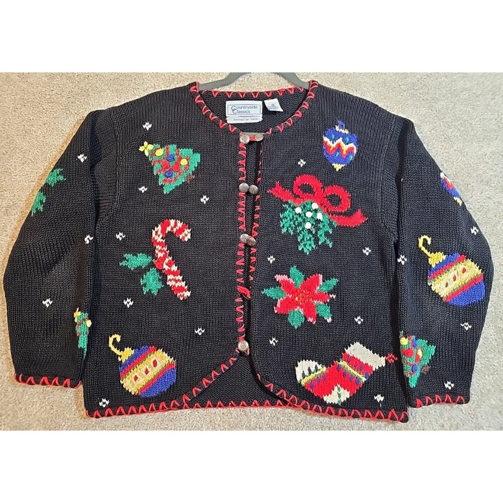 Christmas Sweater Hand Knitted All Over Print Cardigan Countryside Classics Sz S